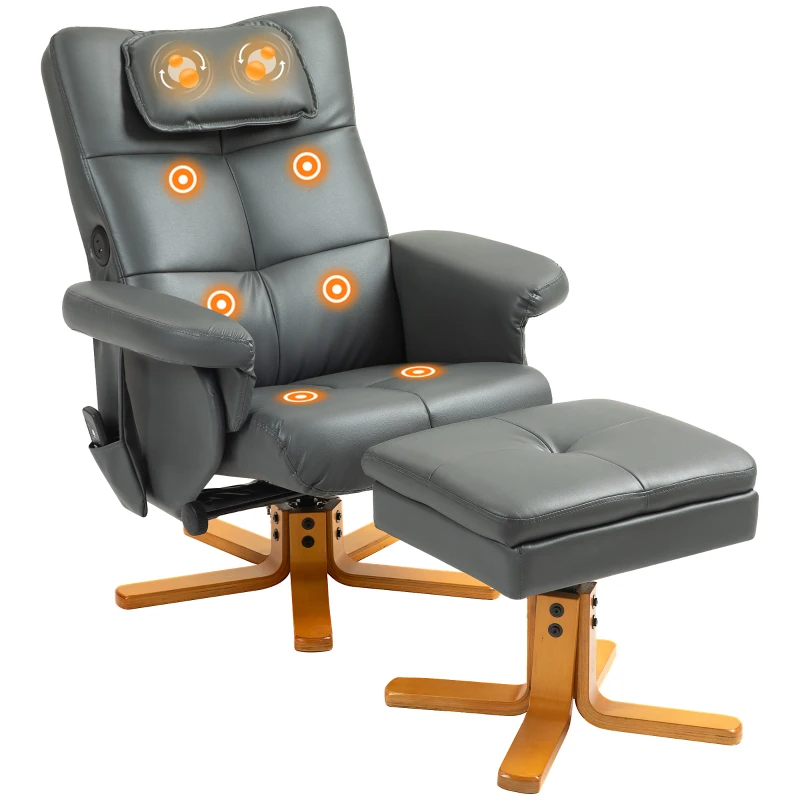 HOMCOM /Massagesessel mit Hocker, verstellbare Lehne, USB-Ladeport, Lederoptik, bis 150 kg, Dunkelgrau