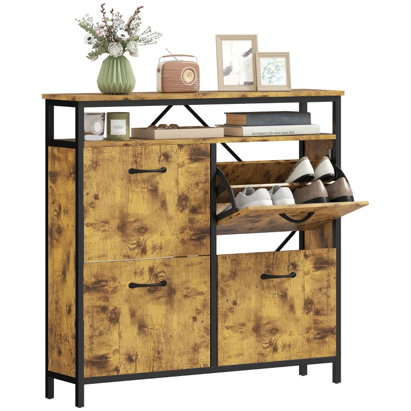HOMCOM Shoe Storage Cabinet with 4 Flip Drawers and Open Shelf - Rustic Brown