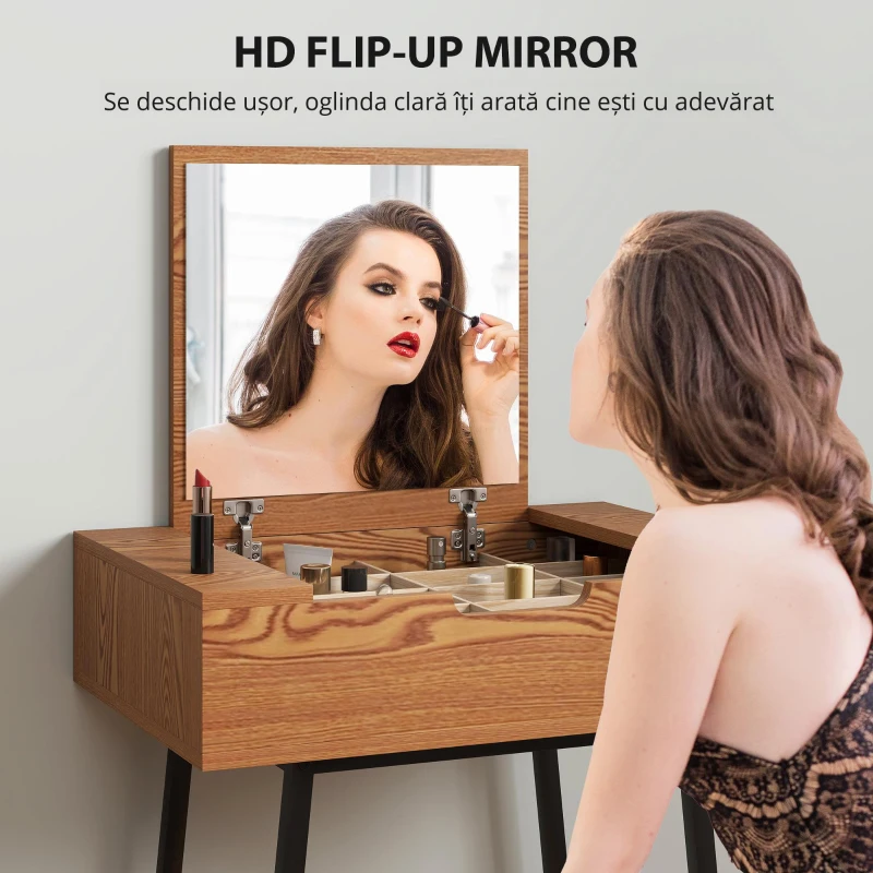 HOMCOM Masă de Machiaj cu Oglindă Pliabilă și 16 Compartimente Lemn și Oțel