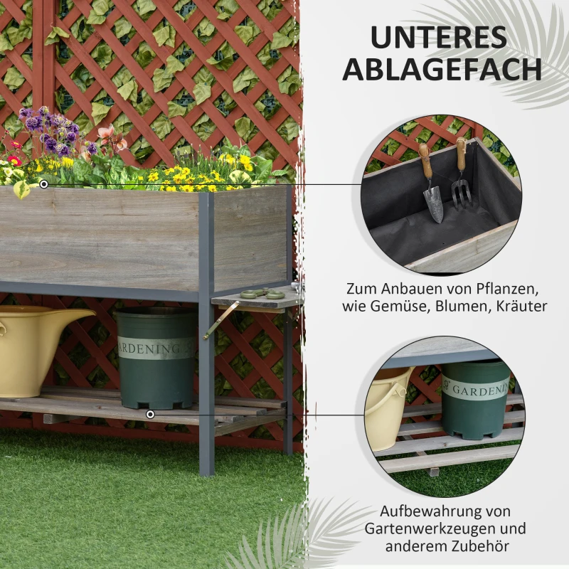 Outsunny Hochbeet Pflanzkasten mit 2 faltbaren Ablagen unterer Ablagefläche Blumenkasten Blumentopf Kräuterbeet Massivholz Hellgrau 140 x 46 x 75,5 cm