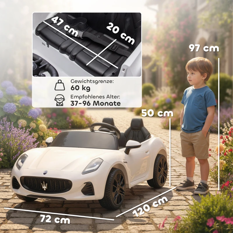 AIYAPLAY Maserati Elektroauto für Kinder, 2-Sitzer, 12V Batteriebetrieb, Fernbedienung, LED-Lichter, Musikfunktion, Weiß