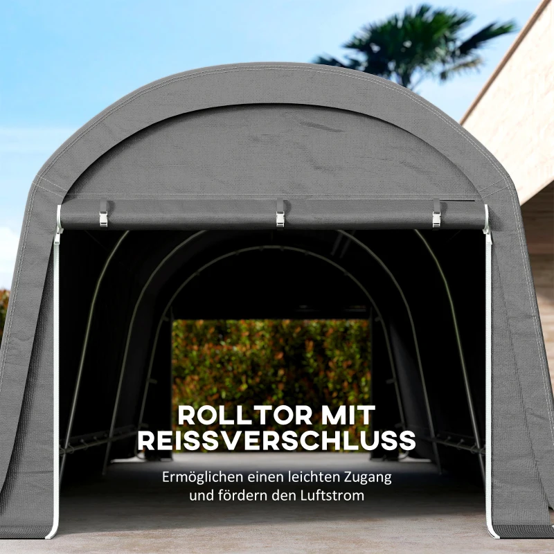 Outsunny Gartenschuppen mit Kunststoff-Plane, Werkzeugzelt, aufstellbare Garage, 300B x 600T x 230H cm, Dunkelgrau(m-6)