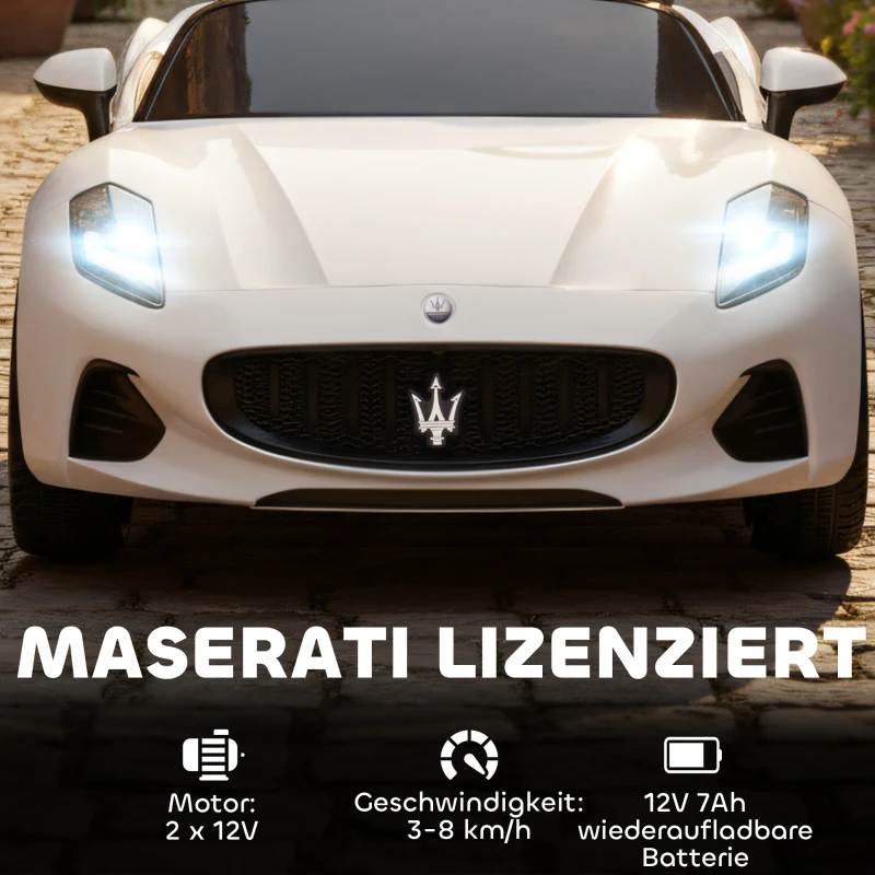 AIYAPLAY Maserati Elektroauto für Kinder, 2-Sitzer, 12V Batteriebetrieb, Fernbedienung, LED-Lichter, Musikfunktion, Weiß