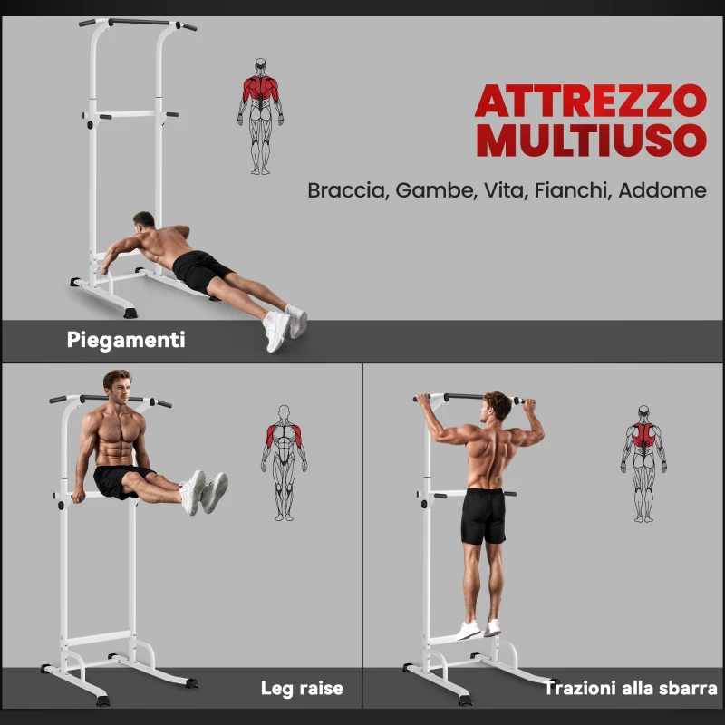 SPORTNOW Stazione Fitness con Barre per Dip e Trazioni, Altezza Regolabile 176.5-227 cm e Capacità 120 kg, Bianco