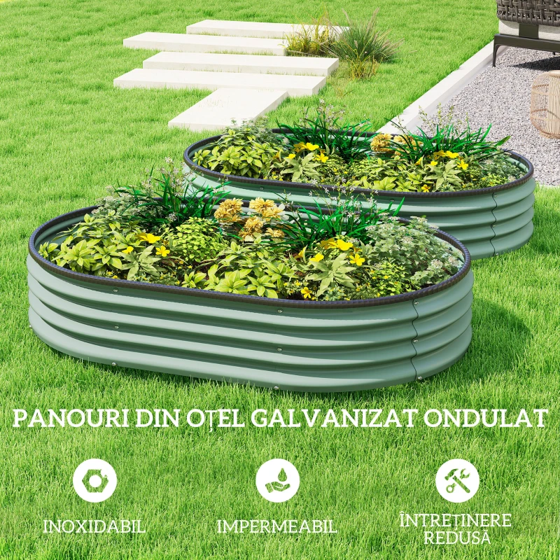 Outsunny Set de 2 Jardiniere Înălțate Modulare, Ghivece de Grădină cu Margine din Cauciuc, Fund Deschis, Jardiniere Înălțate din Oțel Galvanizat pentru Plante Aromatice, Fructe, Legume și Flori, 135x90x30 cm, Verde