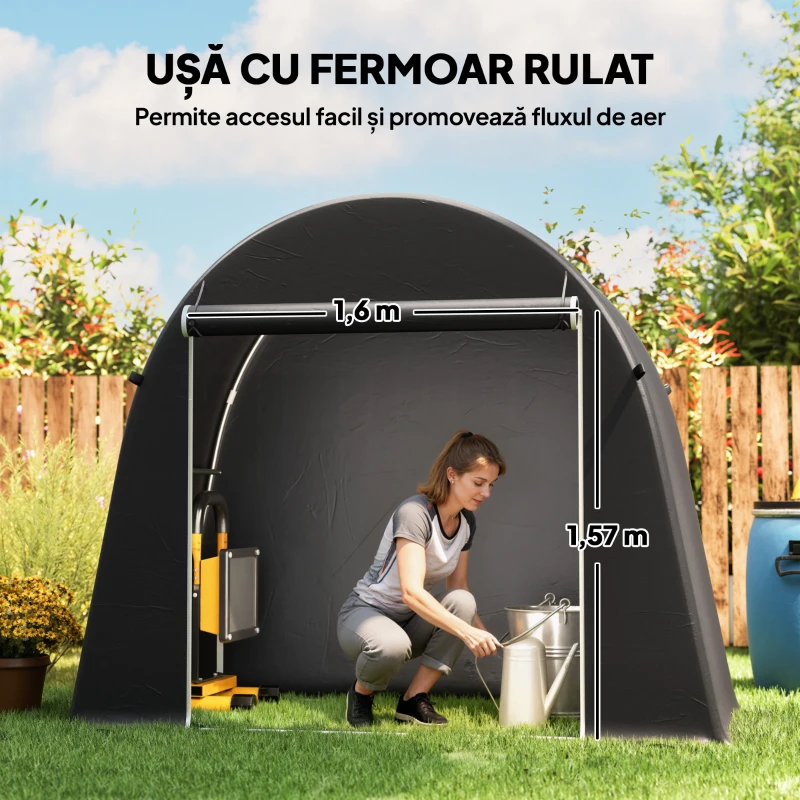 Outsunny Cort de Depozitare de 2.45 x 1.2 m, Impermeabil pentru Biciclete cu Ușă cu Fermoar și Cadru din Oțel Zincat, Gri Închis