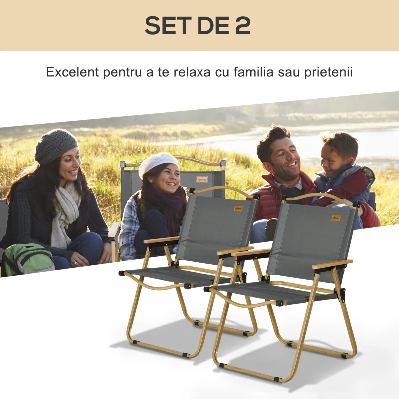 Outsunny Set 2 Scaune de Camping Pliabile cu Cotiere, 54x59x78 cm, Gri Închis