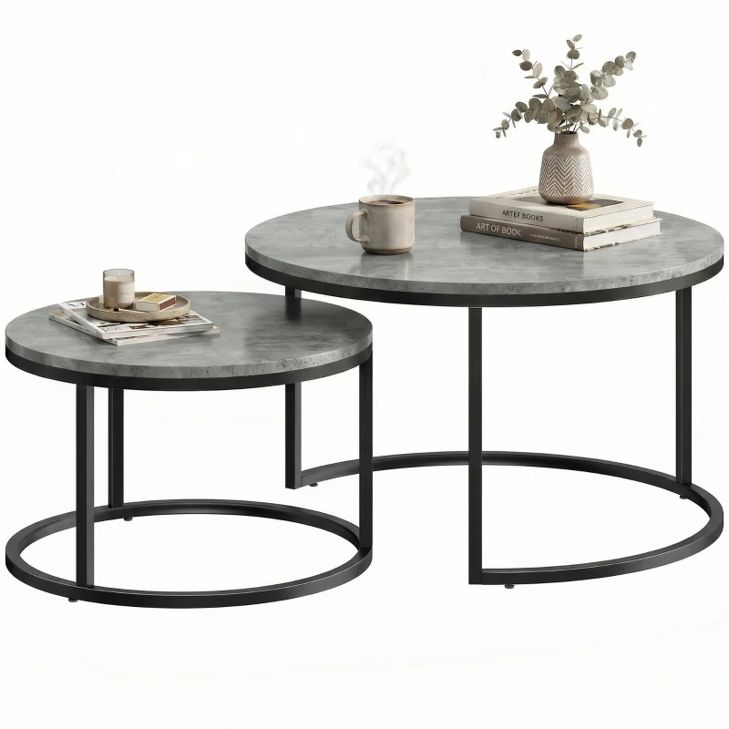 HOMCOM Modern 2-Piece Coffee Table Set, Stackable Side Tables with Metal Frame for Living Room, Bedroom, Office, Gray
