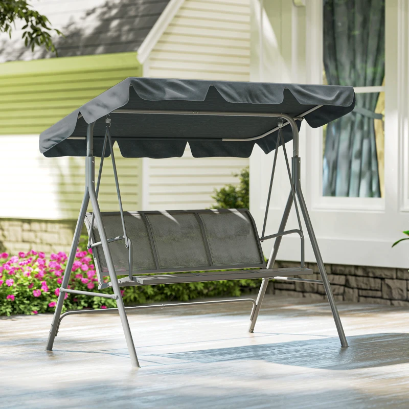Outsunny Leagăn de grădină 3 locuri cu acoperiș parasolar reglabil și detașabil, șezut respirabil din poliester, capacitate 240 kg, 171x108x154 cm, gri închis