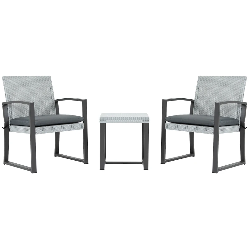 Outsunny Polyrattan Sitzgruppe für 2 Personen Balkonmöbel Set mit Beistelltisch mit Sitzkissen Stahl Schwarz+Grau