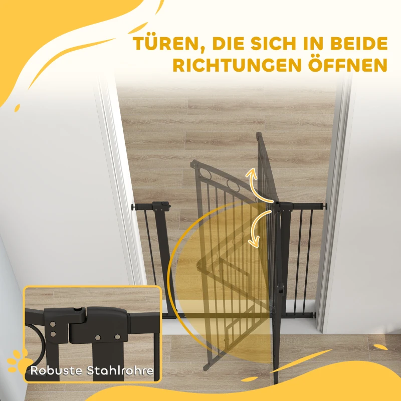 PawHut 106 cm hohes Haustiergitter mit anpassbarer Breite, integrierte Katzentür, für Treppen und Türrahmen, Schwarz