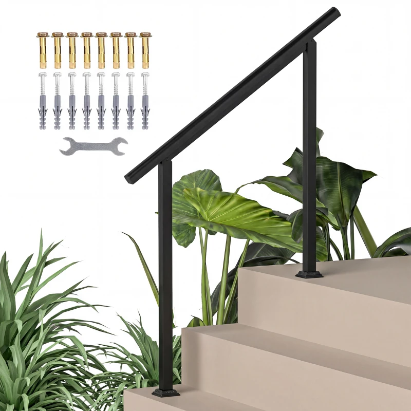 Outsunny Mână curentă exterioară pentru 1 la 3 trepte, mână curentă metalică pentru scări cu kit de instalare, negru