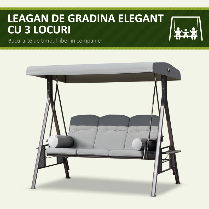 Outsunny Balansoar pentru 3 Persoane cu Acoperiș Reglabil și Suporturi Laterale, Gri Deschis