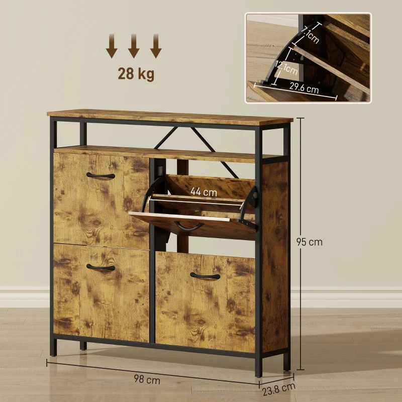 HOMCOM Shoe Storage Cabinet with 4 Flip Drawers and Open Shelf - Rustic Brown