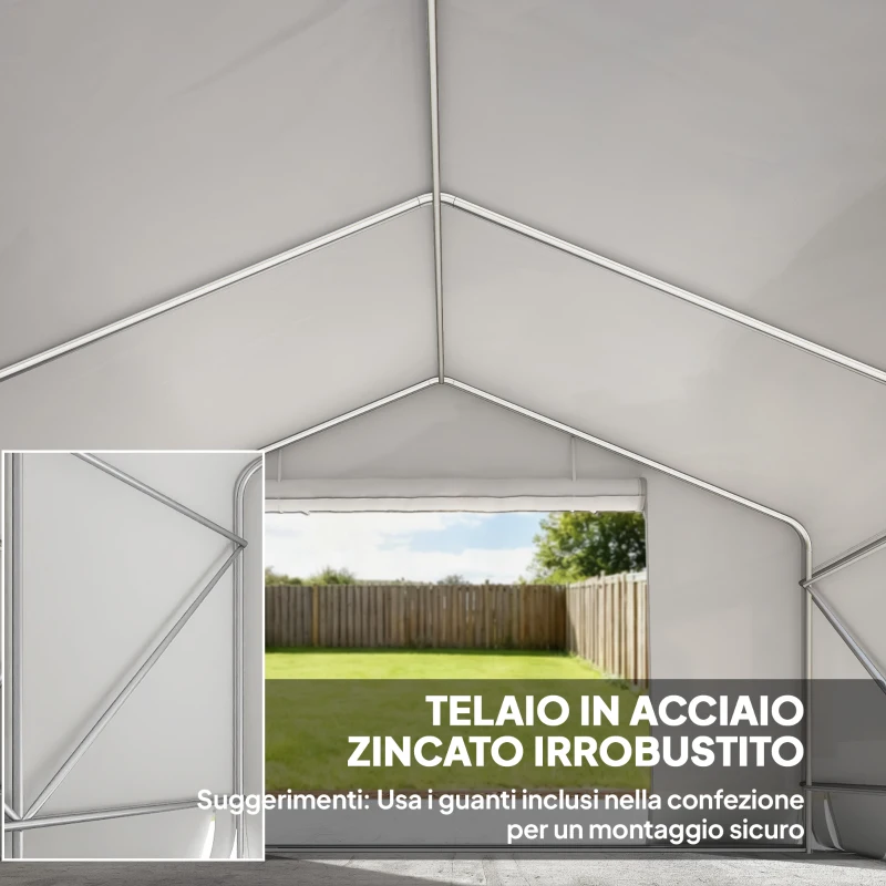 Outsunny Capanno da Giardino e Tenda Garage 3x3 m Impermeabile con Porta Avvolgibile, Metallo e PE, Bianco