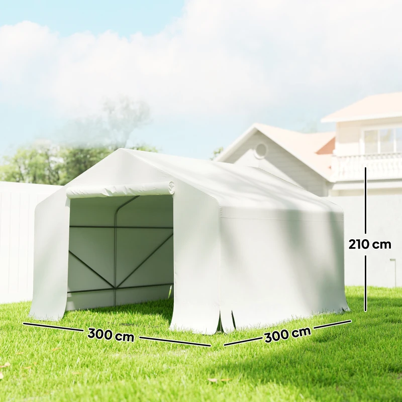 Outsunny Garaj Exterior pentru Motocicletă 3x3 m, Impermeabil, cu Ușă și Aerisiri Rulabile, Tentă Garage pentru Biciclete și Unelte din Metal și Material PE, Anti UV, Alb