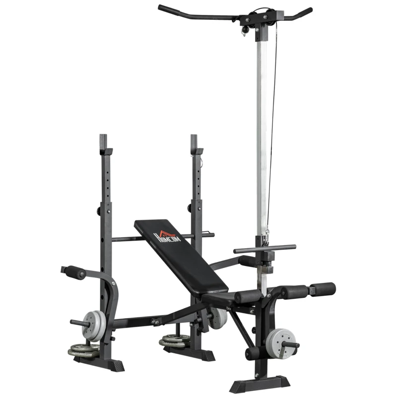 HOMCOM Panca Fitness con Leg Press, Squat Rack e Leg Extension, in Acciaio e PU, 180x134x200 cm, Nero e Argento