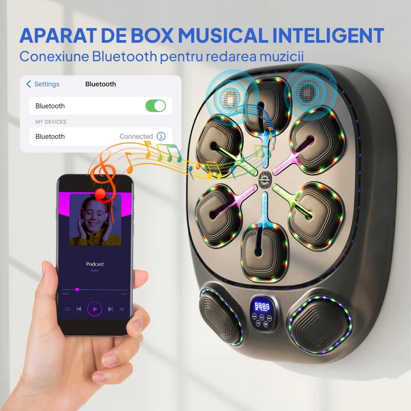 SPORTNOW Aparat de Box Muzical de Perete cu 9 Moduri și Lumini LED Multicolore, Music Boxing Machine pentru Adulți cu Conexiune Bluetooth, pentru Acasă și Sală, 61x48x11 cm, Negru