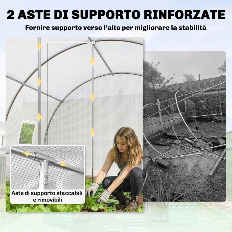 Outsunny Serra a Tunnel con 2 Aste Rimovibili e Porte e Finestre a Rete, in Acciaio Zincato e PE, 396x300x200 cm, Bianco