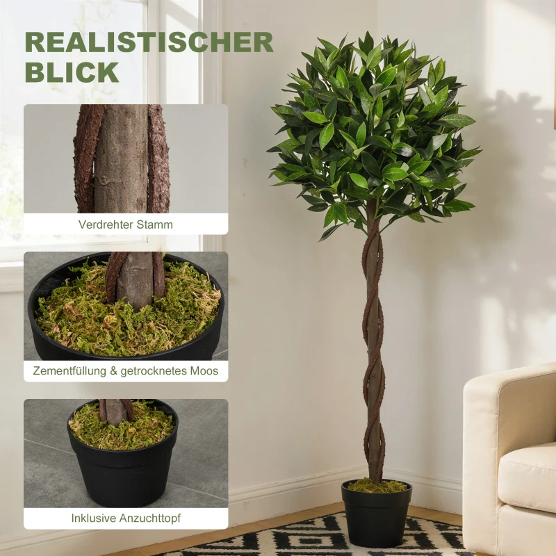 Outsunny 2er-Set Künstlicher Lorbeerbaum, 120 cm, Kunstpflanzen im Zementtopf, Kunststoff-Pflanzen für drinnen und draußen, Grün