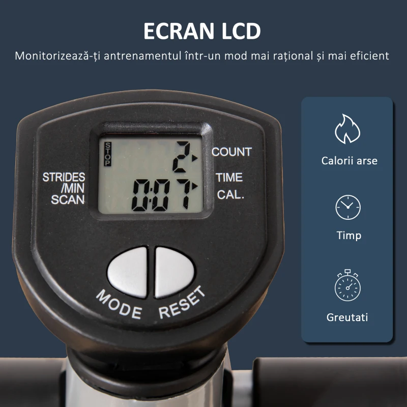 HOMCOM Stepper cu Monitor LCD, Maner Reglabil și Elastice, din Oțel și ABS, Alb și Gri