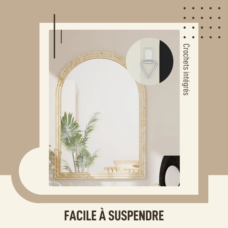 HOMCOM Miroir mural arqué, miroir moderne avec bord rainuré et crochets, verre trempé et polystyrène, 50 x 70 cm, beige