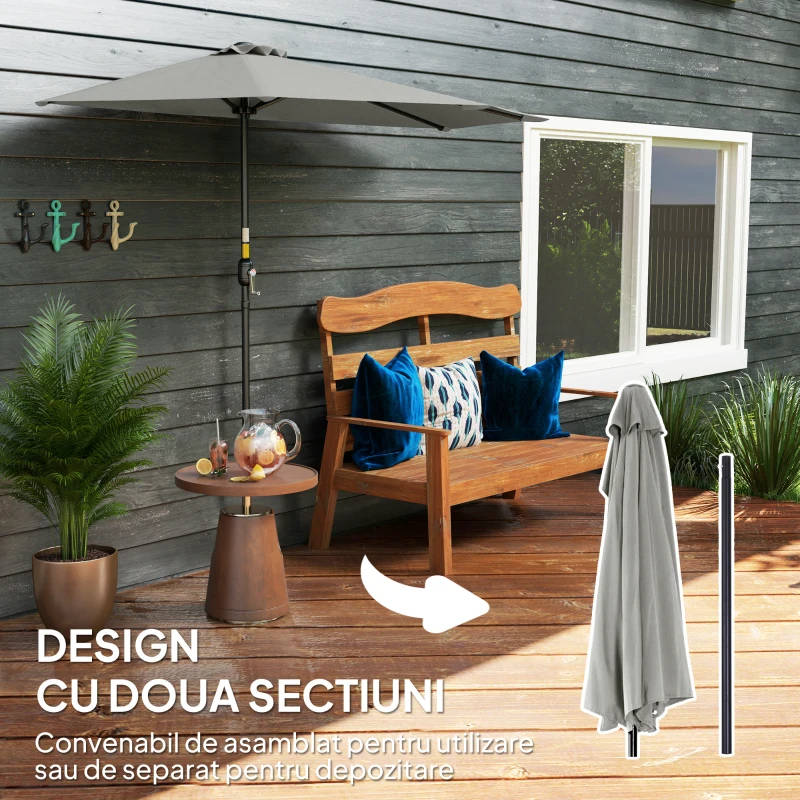 Outsunny Umbrela Semicirculara de Perete pentru Gradina cu Deschidere cu Manivela din Poliester, Gri 269x138x236cm