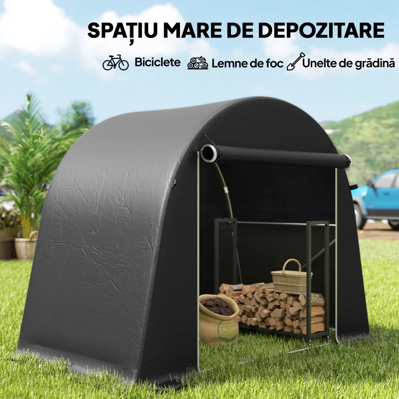 Outsunny Cort de Depozitare de 2.45 x 1.2 m, Impermeabil pentru Biciclete cu Ușă cu Fermoar și Cadru din Oțel Zincat, Gri Închis