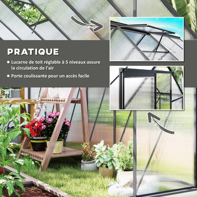 Outsunny Serre de jardin en aluminium polycarbonate avec fondation, serre avec fenêtre réglable porte coulissante 190x375x199cm