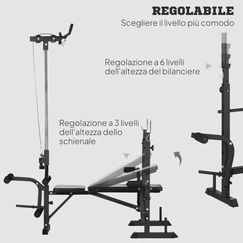 HOMCOM Panca Fitness con Leg Press, Squat Rack e Leg Extension, in Acciaio e PU, 180x134x200 cm, Nero e Argento