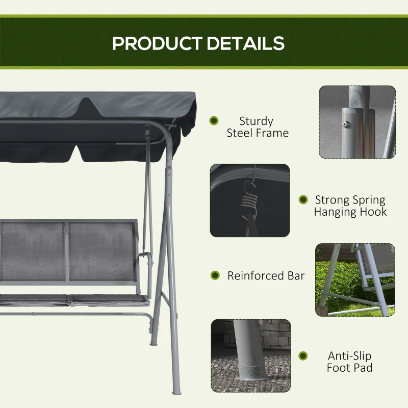 Outsunny Leagăn de grădină 3 locuri cu acoperiș parasolar reglabil și detașabil, șezut respirabil din poliester, capacitate 240 kg, 171x108x154 cm, gri închis