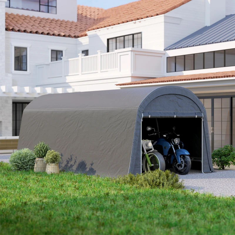 Outsunny Gartenschuppen mit Kunststoff-Plane, Werkzeugzelt, aufstellbare Garage, 300B x 600T x 230H cm, Dunkelgrau(m-8)