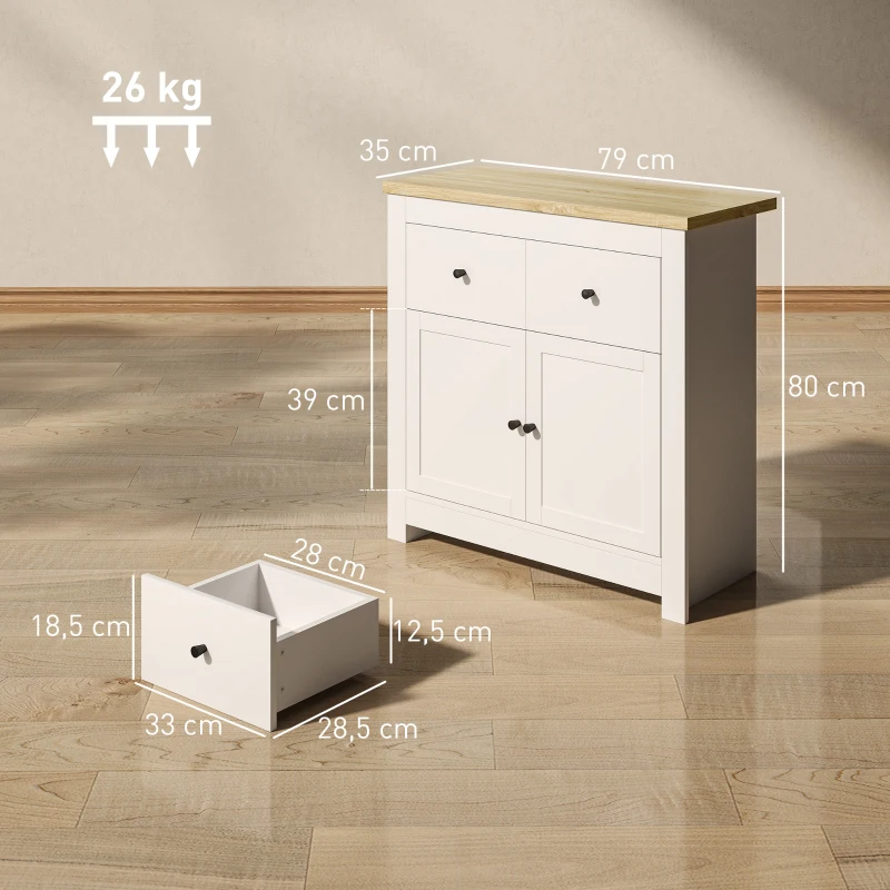 HOMCOM Kommode mit viel Stauraum, Sideboard mit Soft-Close-Türen, 2 Schubladen, verstellbares Regal, Weiß(m-3)