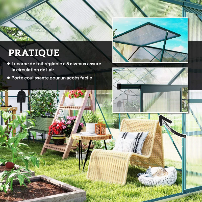 Outsunny Serre de jardin en aluminium polycarbonate avec fondation, serre avec fenêtre réglable porte coulissante 244x500x216cm