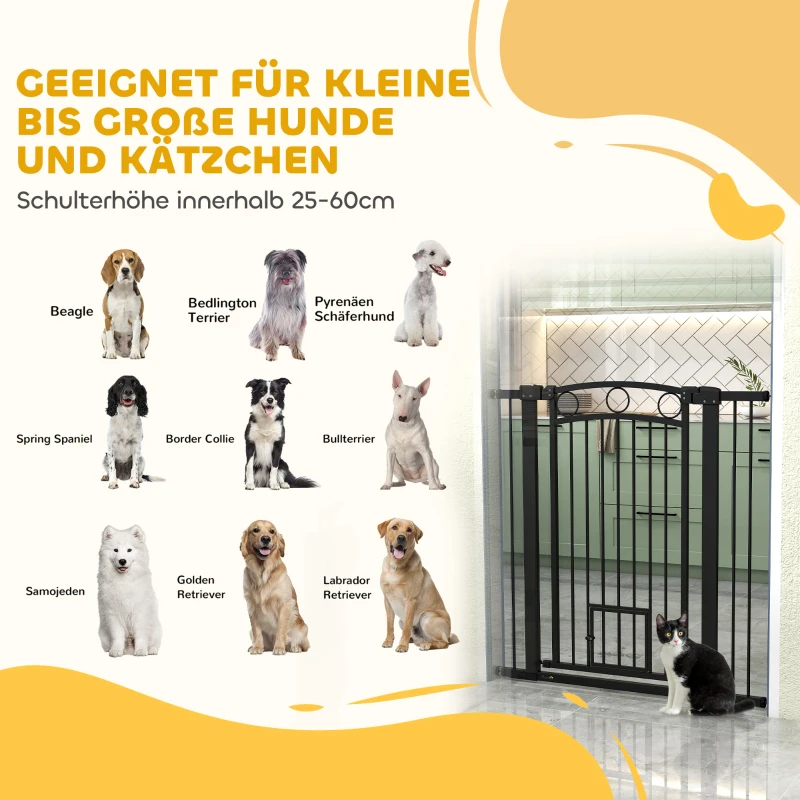 PawHut 106 cm hohes Haustiergitter mit anpassbarer Breite, integrierte Katzentür, für Treppen und Türrahmen, Schwarz