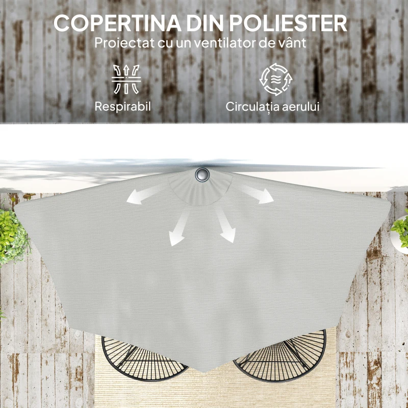 Outsunny Umbrela Semicirculara de Perete pentru Gradina cu Deschidere cu Manivela din Poliester, Gri 269x138x236cm