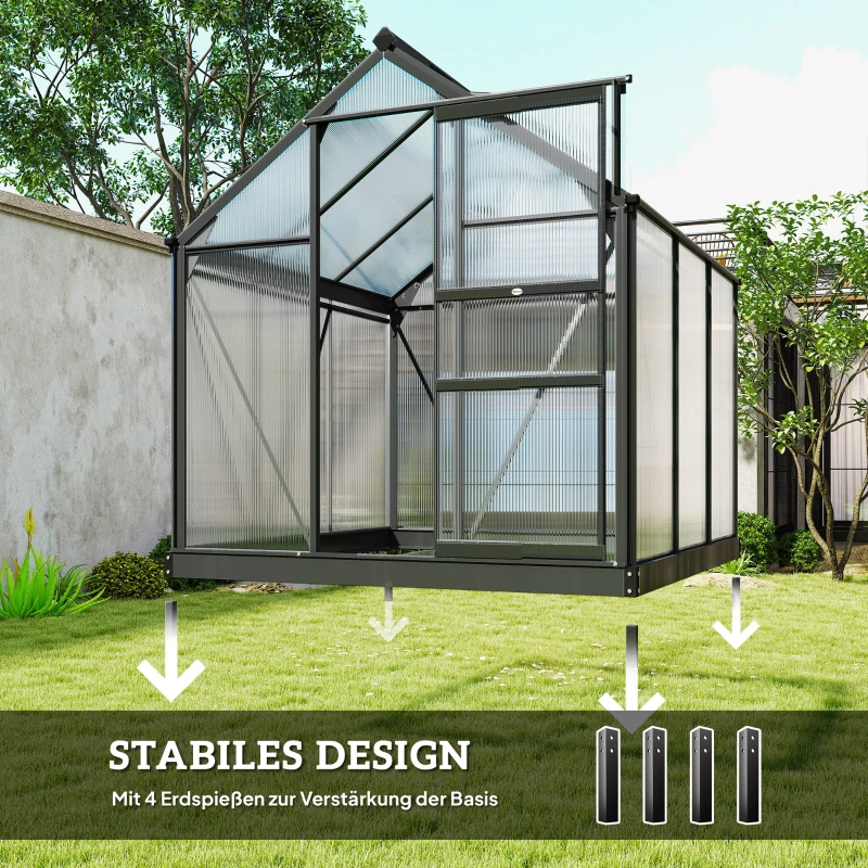 Outsunny Gewächshaus Aluminium 3,65m² 190x192x201cm mit Fundament Dachfenster Schiebetür 4 mm Platten, UV-beständig