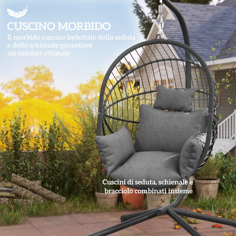 Outsunny Poltrona Sospesa a Uovo con Cuscino Imbottito e Cesto Pieghevole, 120x106x188 cm, Grigio