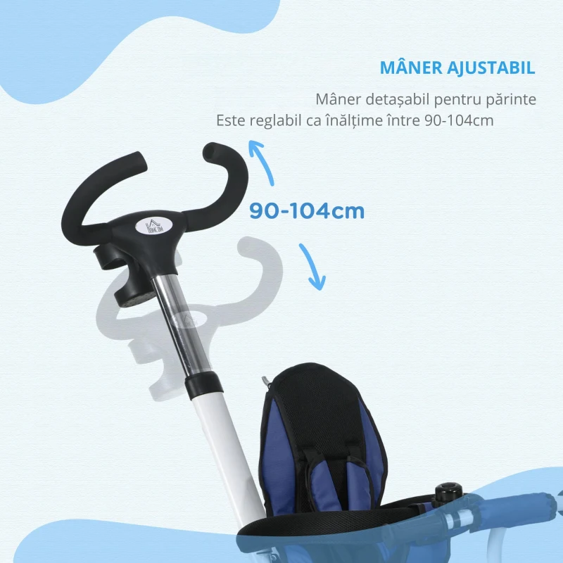 HOMCOM Tricicletă pentru Copii cu Mâner Multifuncțional, Cărucior pentru Copii cu Centură de Siguranță și Coș, 112x50x104 cm, Albastru