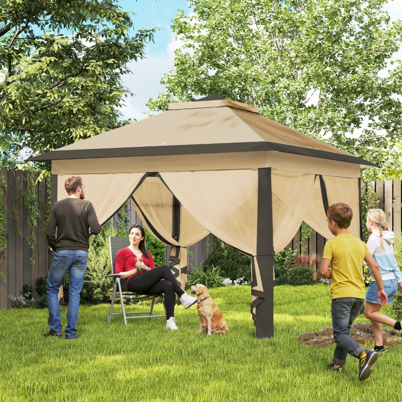 Outsunny Gazebo Pieghevole 3.3x3.3 m con Zanzariera, Doppio Tettuccio e Borsa da Trasporto, Beige