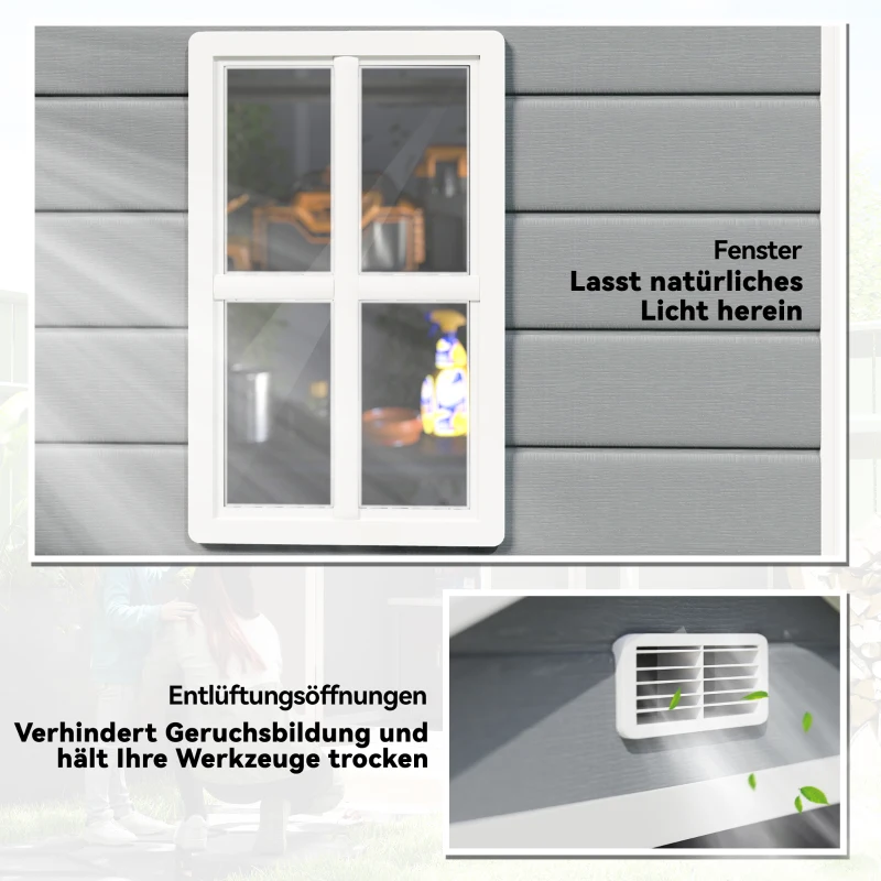 Outsunny Metall-Gartenschuppen, abschließbar, Doppeltür, Fenster, Aluminiumrahmen, 1,80 x 1,30 x 2,10 m, Grau(m-7)