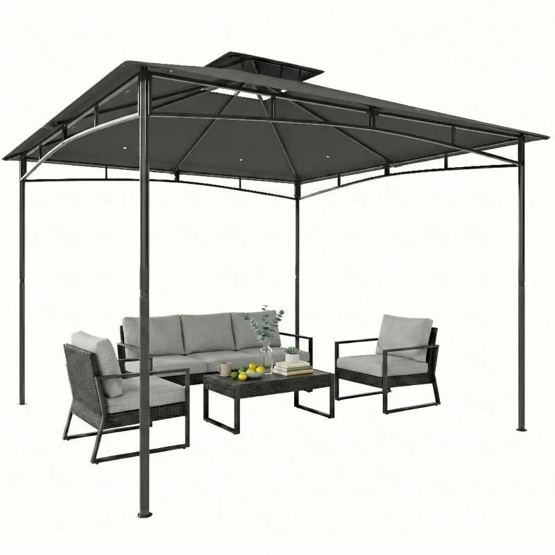 Outsunny Pavillon 3x3 m Imperméable Stable Résistant à l'hiver Pavillon de jardin avec cadre supérieur rétractable Double toit Gris foncé