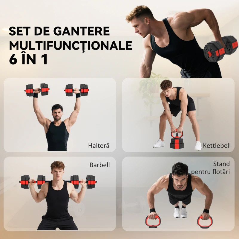 SPORTNOW Set Greutăți de Sală 4 în 1 de 30kg, Convertibil în Kettlebell, 2 Gantere, Haltere și Suport pentru Flotări, Roșu