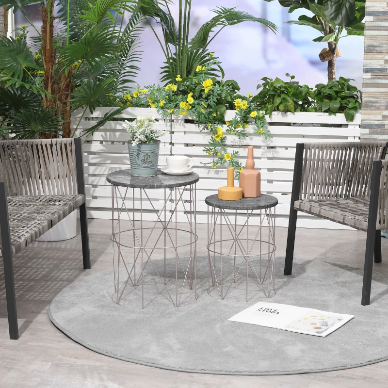 Outsunny 2er-Set Beistelltisch Stapelbar Gartentisch in Marmor Optik Balkontisch aus Metall, runder Kaffeetisch 50kg belastbar, Ø38x52,5 cm Sofatisch für Outdoor Indoor Balkon Rose+Gold+Grau