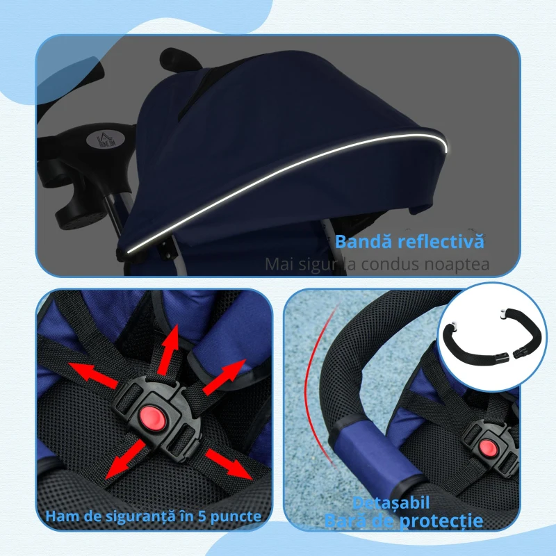 HOMCOM Tricicletă pentru Copii cu Mâner Multifuncțional, Cărucior pentru Copii cu Centură de Siguranță și Coș, 112x50x104 cm, Albastru