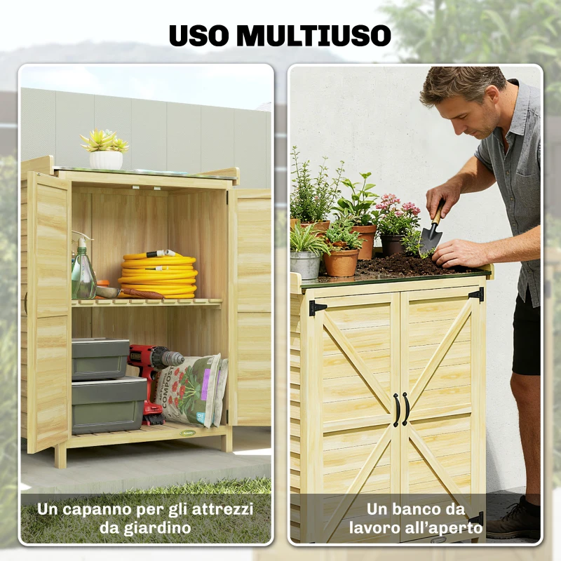 Outsunny Armadio da Giardino in Legno con Piano in Acciaio, Ripiani e Ganci, 71.5x39x95 cm