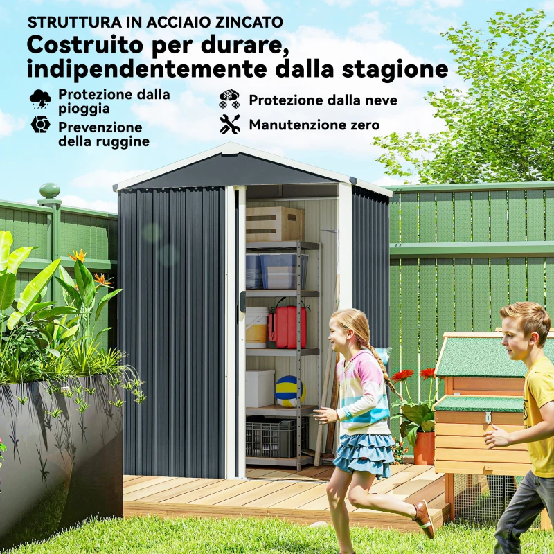Outsunny Casetta da Giardino in Acciaio e Porta Scorrevole Grigio