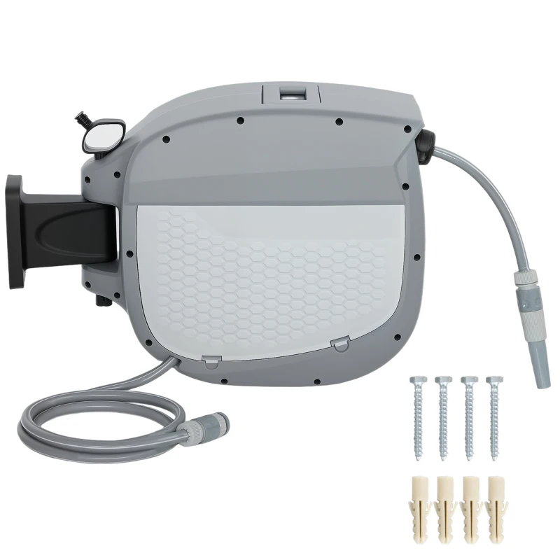Outsunny Carretel de mangueira com mangueira de jardim 30 m, caixa giratória 180° com enrolamento automático e auto-travamento