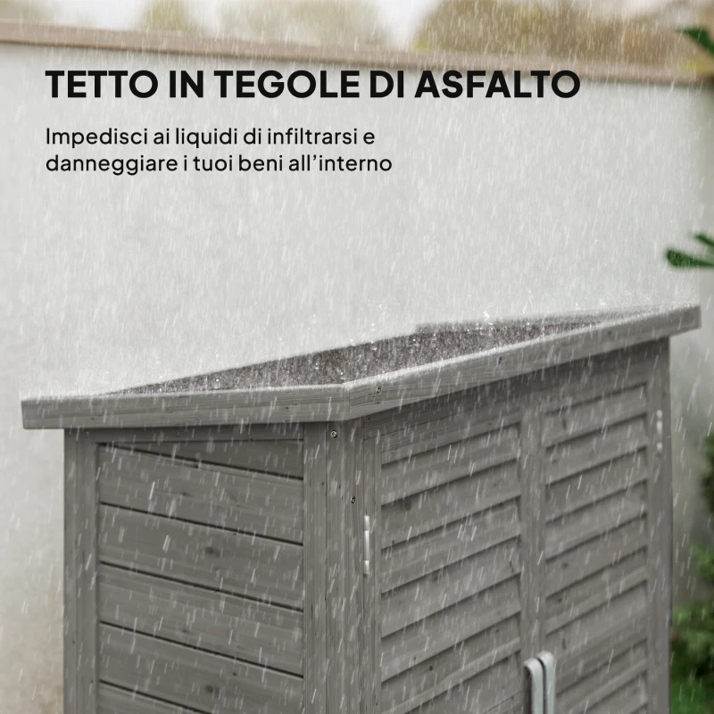 Outsunny Armadio da Giardino in Legno di Abete con Porte a Persiana e 2 Ripiani, 87x46.5x96.5cm, Grigio