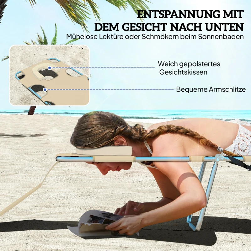 Outsunny Tuinligbed, ligstoel met gepolsterde gezichtopening, massageligbed voor buiten, zijvak, stof, metaal, Beige